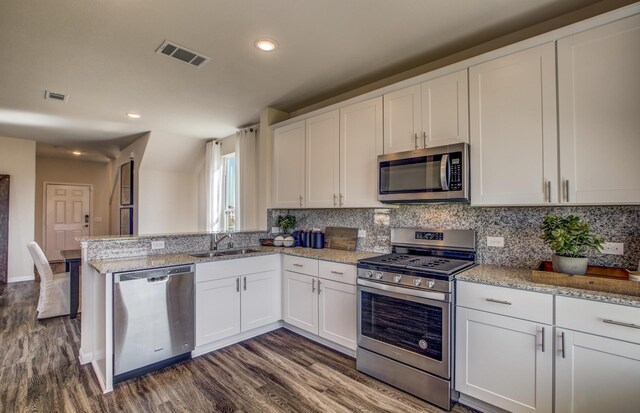 1043 Clear Dusk Ln, Forney, TX 75126 - kitchen featuring appliances with stainless steel finishes, a sink, a peninsula, dark wood-type flooring, and white cabinets