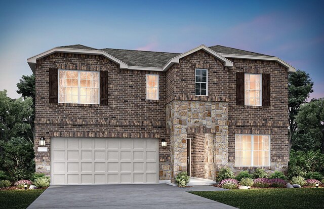 2908 Pecan Park Dr, Denton, TX 76208 - view of front of property featuring driveway, a garage, stone siding, brick siding, and a shingled roof