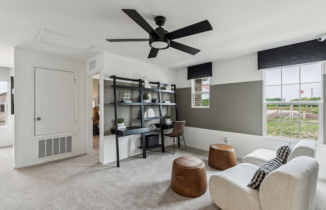 2908 Pecan Park Dr, Denton, TX 76208 - office featuring ceiling fan, carpet floors, and attic access
