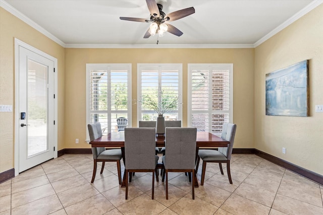 1085 Forest Bend Ct, Cross Roads, TX 76227 - dining area featuring light tile patterned flooring, ornamental molding, a ceiling fan, and baseboards
