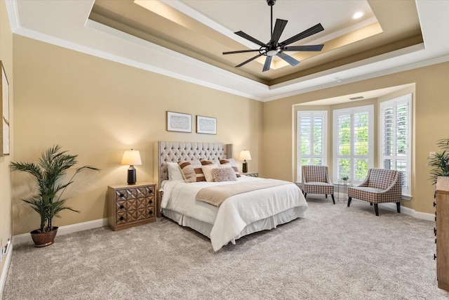 1085 Forest Bend Ct, Cross Roads, TX 76227 - carpeted bedroom with a raised ceiling, ornamental molding, baseboards, and ceiling fan