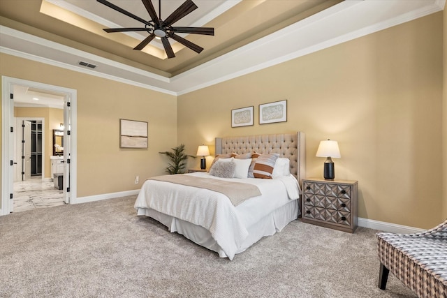 1085 Forest Bend Ct, Cross Roads, TX 76227 - bedroom featuring a raised ceiling, ornamental molding, baseboards, carpet, and a ceiling fan