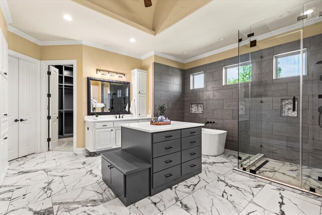 1085 Forest Bend Ct, Cross Roads, TX 76227 - full bath featuring a stall shower, vanity, recessed lighting, marble finish floors, and a freestanding bath