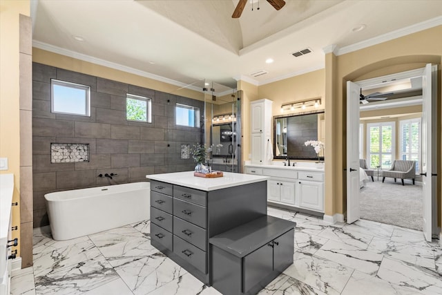 1085 Forest Bend Ct, Cross Roads, TX 76227 - full bath featuring ceiling fan, healthy amount of natural light, marble finish flooring, crown molding, and recessed lighting