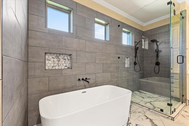 1085 Forest Bend Ct, Cross Roads, TX 76227 - full bathroom featuring a shower stall, crown molding, a freestanding bath, and marble look tiles