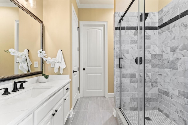 1085 Forest Bend Ct, Cross Roads, TX 76227 - full bathroom featuring a stall shower, ornamental molding, vanity, and baseboards