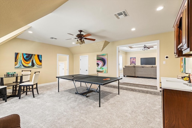 1085 Forest Bend Ct, Cross Roads, TX 76227 - recreation room featuring ceiling fan, light colored carpet, a sink, baseboards, and recessed lighting