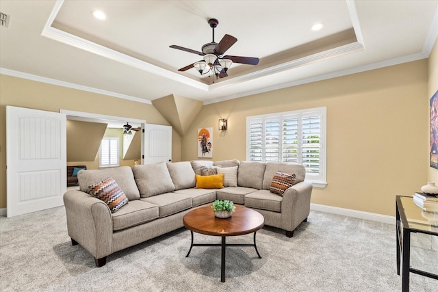 1085 Forest Bend Ct, Cross Roads, TX 76227 - living area with a raised ceiling, ceiling fan, ornamental molding, light carpet, and baseboards