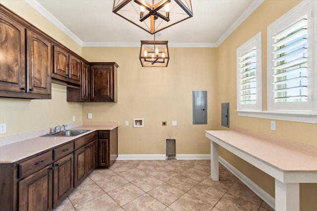 1085 Forest Bend Ct, Cross Roads, TX 76227 - laundry room with a chandelier, electric dryer hookup, washer hookup, cabinet space, and ornamental molding