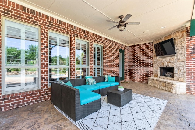 1085 Forest Bend Ct, Cross Roads, TX 76227 - view of patio / terrace featuring a ceiling fan and an outdoor living space with a fireplace