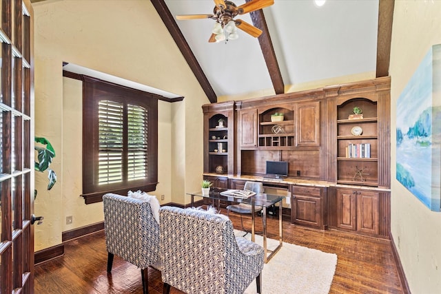 1085 Forest Bend Ct, Cross Roads, TX 76227 - office area with built in study area, dark wood-type flooring, a ceiling fan, beam ceiling, and high vaulted ceiling
