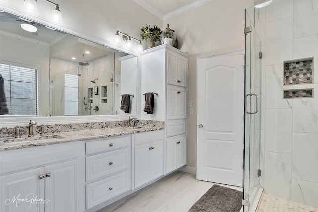 27 Wilshire Dr, Bossier City, LA 71111 - full bath with crown molding, a shower stall, double vanity, and marble look tile flooring