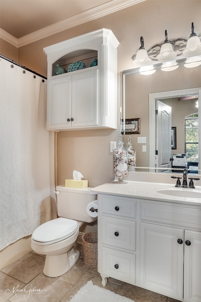 27 Wilshire Dr, Bossier City, LA 71111 - bathroom with crown molding, vanity, toilet, tile patterned floors, and a shower with curtain