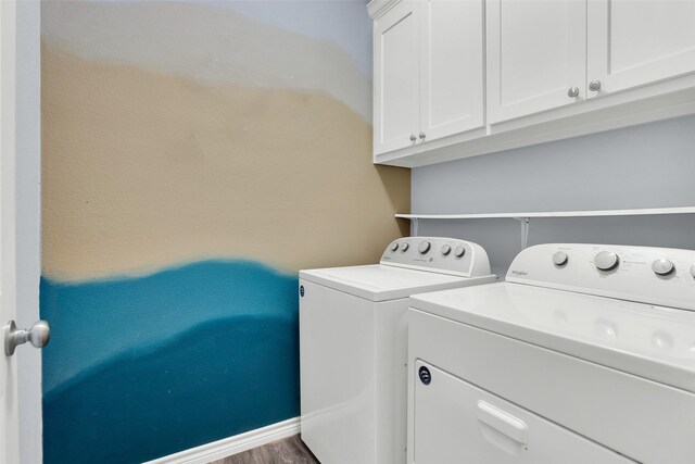 421 E Shepherd St, Denison, TX 75021 - washroom featuring washer and clothes dryer, cabinet space, and wood finished floors
