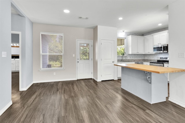 421 E Shepherd St, Denison, TX 75021 - kitchen featuring wood counters, stainless steel appliances, dark wood-type flooring, white cabinetry, and baseboards