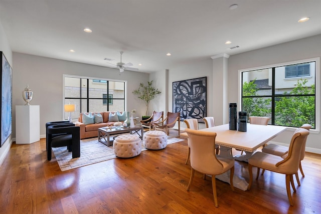 dining area featuring recessed lighting, wood finished floors, baseboards, and ceiling fan