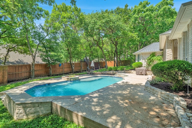view of swimming pool featuring a fenced backyard, a patio area, and an in-ground hot tub