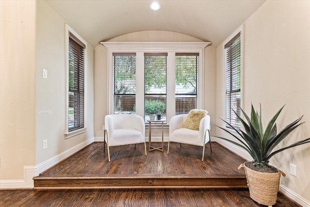 living area with hardwood / wood-style flooring, baseboards, and vaulted ceiling