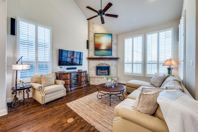 3020 Speyburn, The Colony, TX 75056 - living area featuring a ceiling fan, a fireplace, baseboards, wood finished floors, and high vaulted ceiling