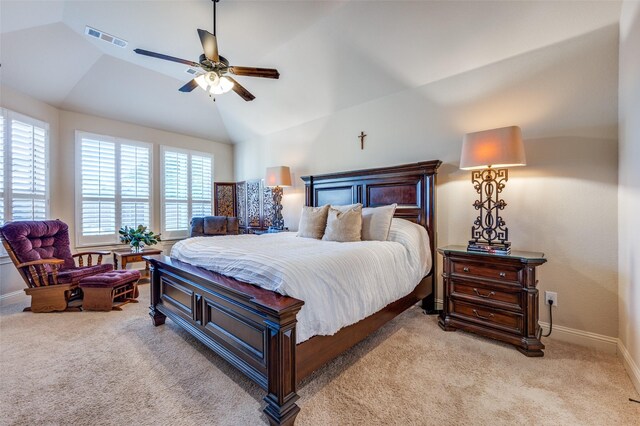 3020 Speyburn, The Colony, TX 75056 - bedroom with light carpet, vaulted ceiling, baseboards, and ceiling fan