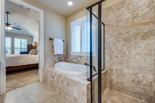 3020 Speyburn, The Colony, TX 75056 - ensuite bathroom with tile patterned flooring, a shower stall, a bath, a ceiling fan, and recessed lighting
