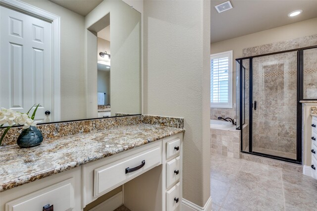 3020 Speyburn, The Colony, TX 75056 - bathroom featuring a garden tub, a shower stall, vanity, and tile patterned flooring