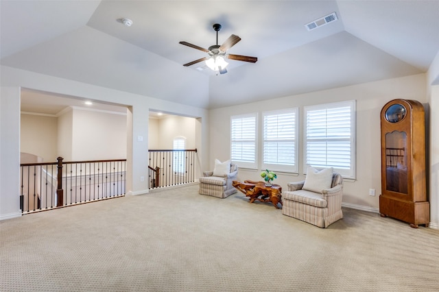 3020 Speyburn, The Colony, TX 75056 - living area featuring ceiling fan, vaulted ceiling, carpet, and baseboards