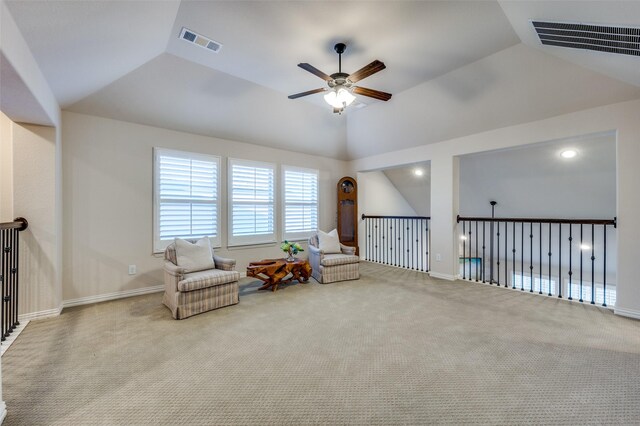 3020 Speyburn, The Colony, TX 75056 - living area featuring a ceiling fan, vaulted ceiling, carpet floors, and baseboards