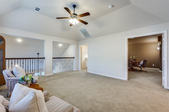 3020 Speyburn, The Colony, TX 75056 - living room featuring lofted ceiling, ceiling fan, light colored carpet, and baseboards