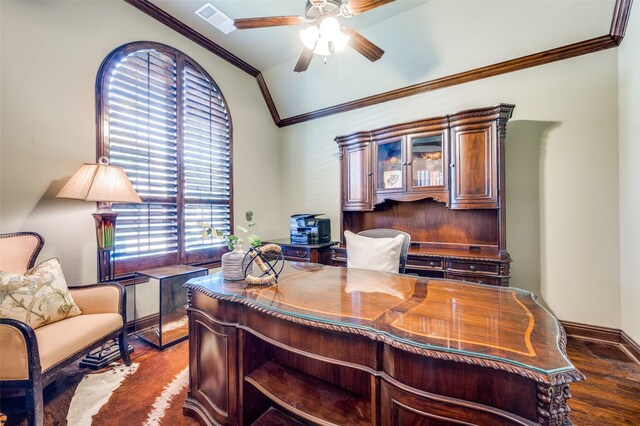 3020 Speyburn, The Colony, TX 75056 - office space with crown molding, vaulted ceiling, dark wood-style flooring, a ceiling fan, and baseboards