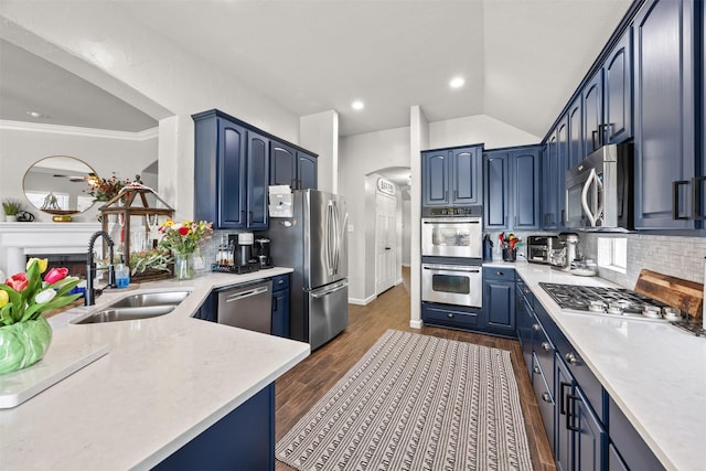705 Eagle Ct, Mansfield, TX 76063 - kitchen with stainless steel appliances, a sink, blue cabinets, tasteful backsplash, and dark wood-style floors