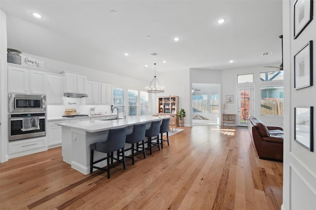 1105 Collared Dove Dr, Little Elm, TX 75068 - kitchen featuring stainless steel appliances, a sink, open floor plan, a kitchen island with sink, and a breakfast bar area