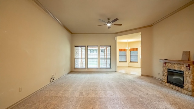 810 Prairie Wind Blvd, Stephenville, TX 76401 - unfurnished living room featuring ceiling fan, ornamental molding, carpet, a fireplace, and baseboards