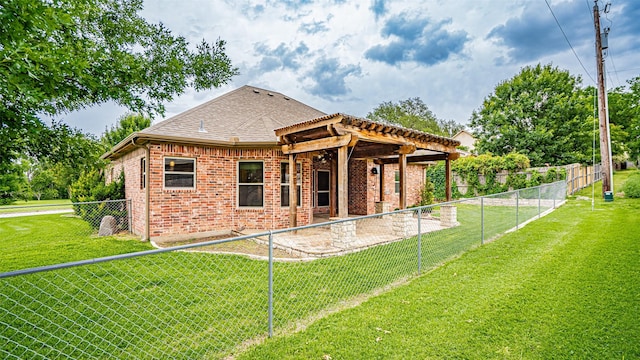 810 Prairie Wind Blvd, Stephenville, TX 76401 - back of property with brick siding, a pergola, roof with shingles, and a patio