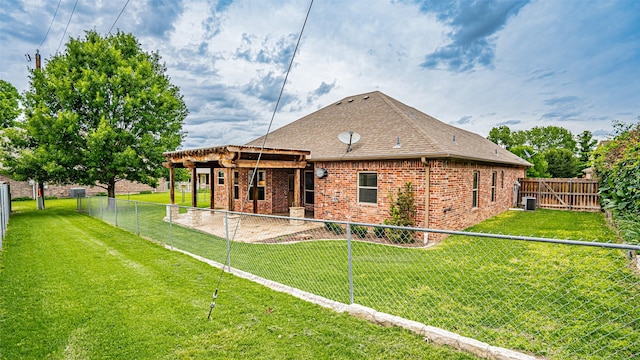 810 Prairie Wind Blvd, Stephenville, TX 76401 - back of property with brick siding, roof with shingles, cooling unit, and a patio area