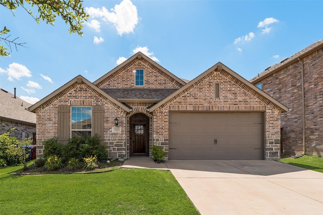 2122 Slow Stream Dr, Royse City, TX 75189 - view of front facade with brick siding, an attached garage, a front lawn, driveway, and roof with shingles