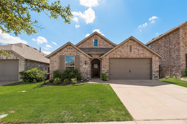 2122 Slow Stream Dr, Royse City, TX 75189 - view of front of home with brick siding, a garage, a front yard, and concrete driveway