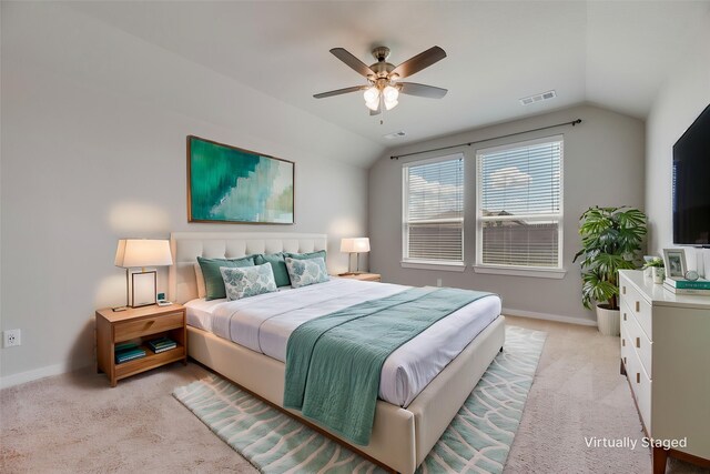 2122 Slow Stream Dr, Royse City, TX 75189 - bedroom with lofted ceiling, light carpet, baseboards, and ceiling fan
