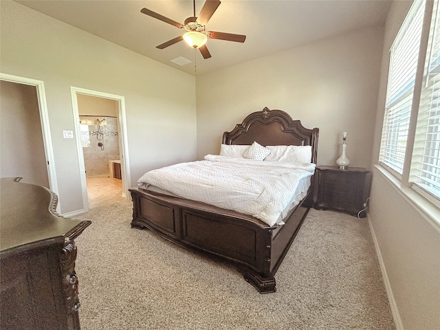 397 Hcr 2341, Abbott, TX 76621 - bedroom featuring light colored carpet, ensuite bathroom, baseboards, a ceiling fan, and lofted ceiling