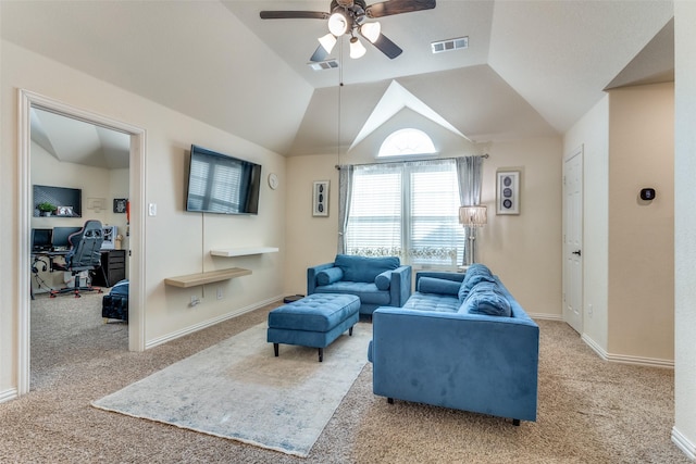 1324 Needle Cactus Dr, Fort Worth, TX 76177 - living area featuring an office area, carpet flooring, ceiling fan, lofted ceiling, and baseboards