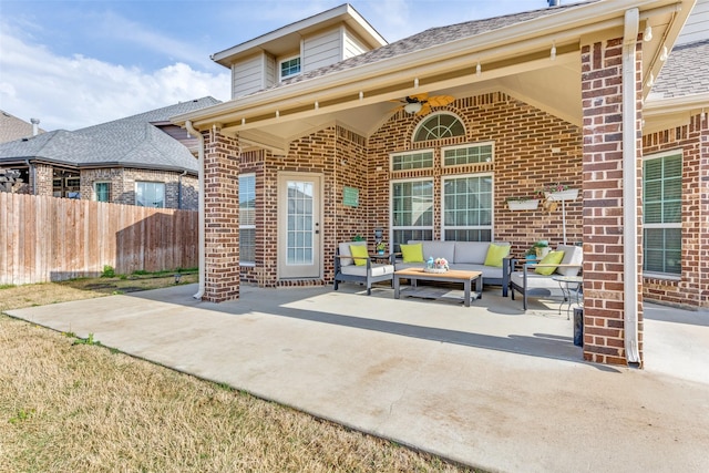 1324 Needle Cactus Dr, Fort Worth, TX 76177 - property entrance featuring an outdoor living space, a patio area, brick siding, and a ceiling fan