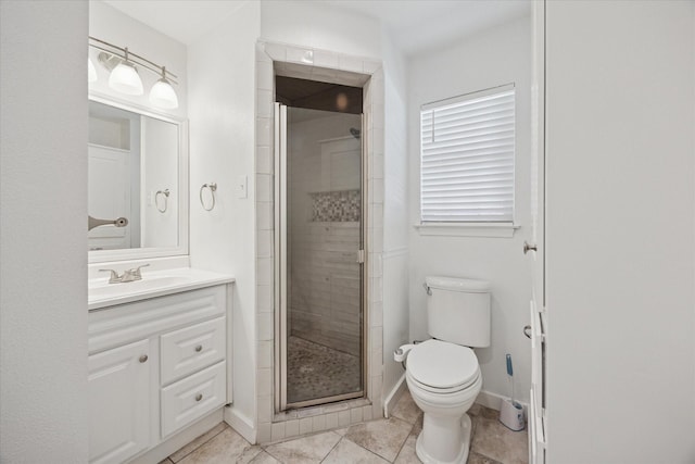 3211 Darby Ln, Denton, TX 76207 - full bathroom with a shower stall, vanity, toilet, tile patterned floors, and baseboards