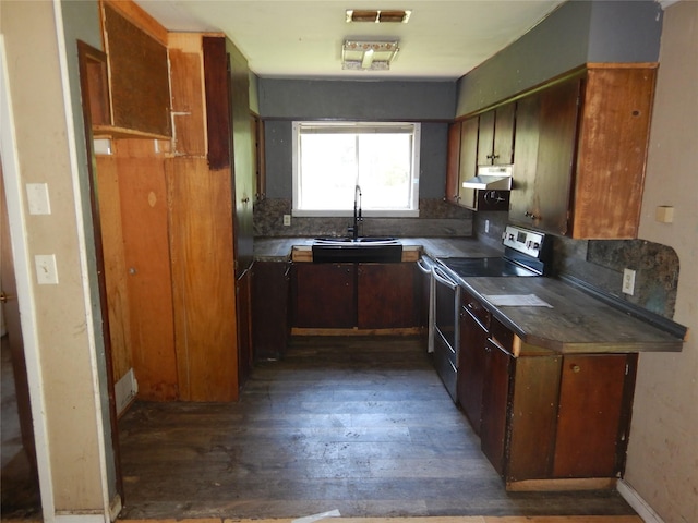 4180 Glenn Rd, Shreveport, LA 71107 - kitchen featuring stainless steel electric stove, under cabinet range hood, dark wood-style flooring, a sink, and tasteful backsplash