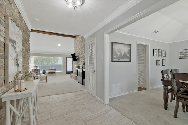 7624 Kevin Dr, Dallas, TX 75248 - dining area with a fireplace, crown molding, light carpet, and baseboards