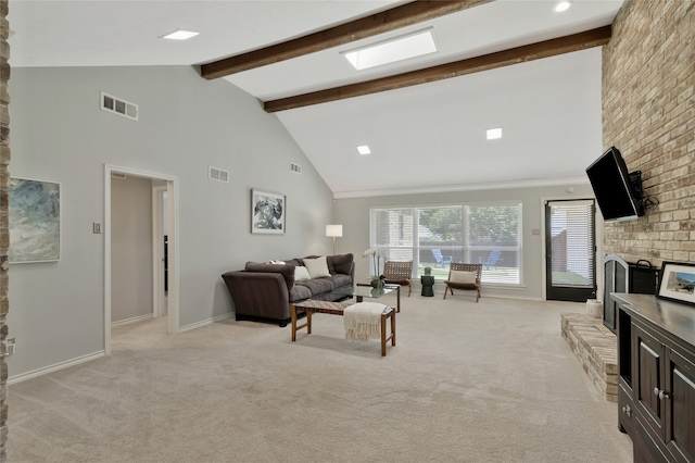 7624 Kevin Dr, Dallas, TX 75248 - living area with high vaulted ceiling, beam ceiling, light carpet, and baseboards