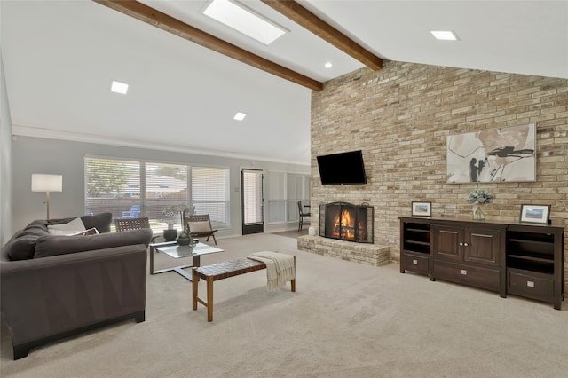 7624 Kevin Dr, Dallas, TX 75248 - living room featuring light colored carpet, a brick fireplace, beamed ceiling, and high vaulted ceiling
