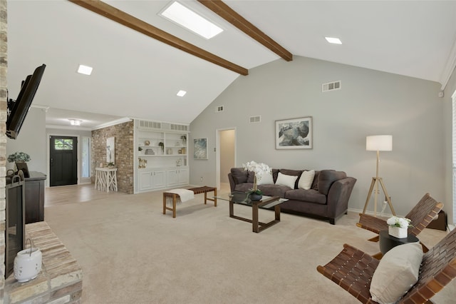 7624 Kevin Dr, Dallas, TX 75248 - living room with beamed ceiling, baseboards, high vaulted ceiling, built in shelves, and light colored carpet