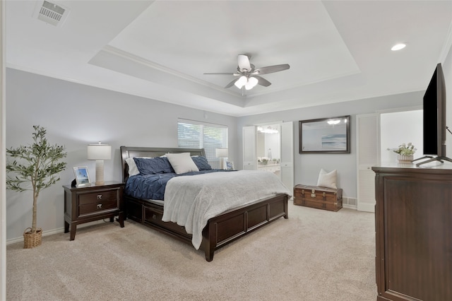 7624 Kevin Dr, Dallas, TX 75248 - bedroom featuring a raised ceiling, light carpet, baseboards, and ensuite bathroom