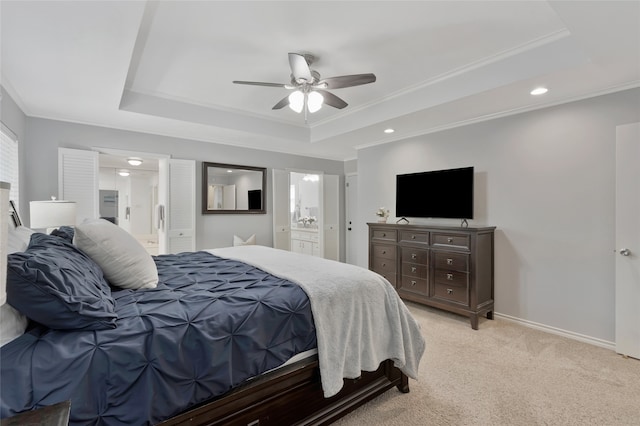 7624 Kevin Dr, Dallas, TX 75248 - bedroom with a tray ceiling, connected bathroom, light colored carpet, ornamental molding, and recessed lighting