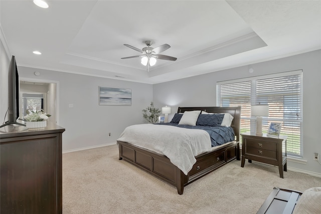7624 Kevin Dr, Dallas, TX 75248 - bedroom featuring a raised ceiling, ornamental molding, light colored carpet, multiple windows, and recessed lighting